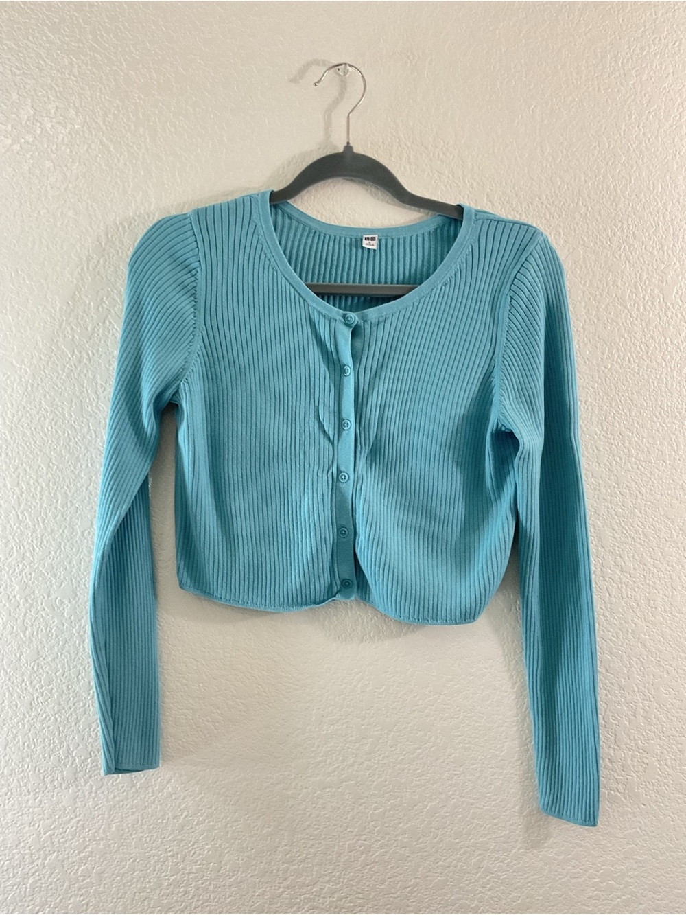 Uniqlo Ribbed Button-Front Stretch Cropped Long Sleeves Cardigan Aqua Turquoise
